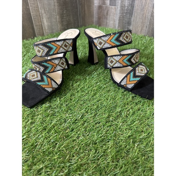 Jessica Simpson Aztec Beaded Heels Size 10M Black Square Toe Sandals - Picture 6 of 9